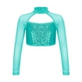 thumbnail image 6 of iiniim Girls Shiny Sequins Hollow Out Long Sleeve Crop Tops for Dance Workout Gymnastics Lake Blue 6, 6 of 7
