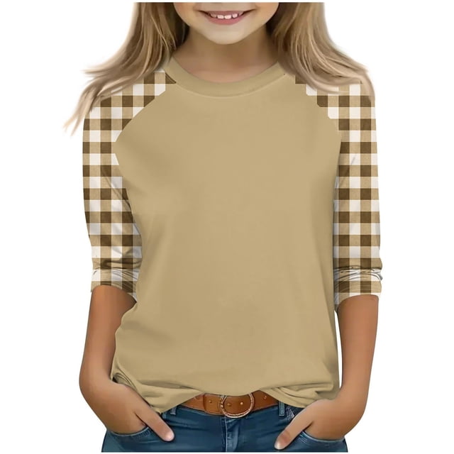 SERTG T-Shirt Mode Enfant Col Rond Manches 3/4 Imprimé Col Rond pour Été et Printemps 4-15 Ans (Kaki2,5 Ans)