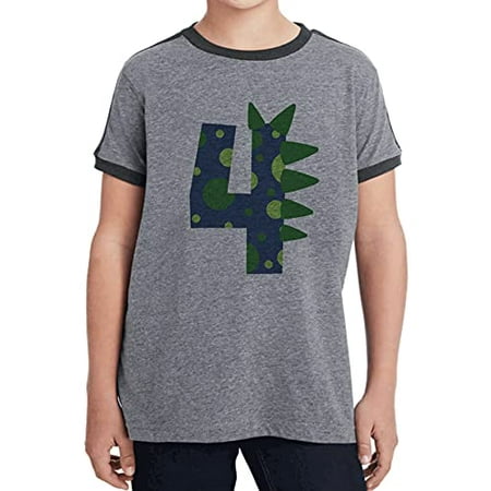 

7 ate 9 Apparel Kidsh Dino Dinosaur Spike Birthday Shirt for Boys 4h Four Grey Ringer Tee