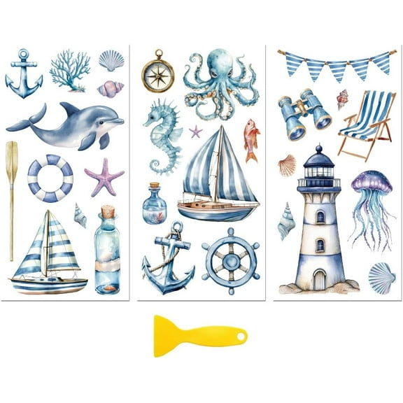 Rub on Transfer Decal Sticker DIY for Furniture Craft Decor 6"x12" Colorful Nautical Element 3Pcs Waterproof UV DTF Transfer DIY for Drawer Dresser Glass Porcelain Wood Plastic Window