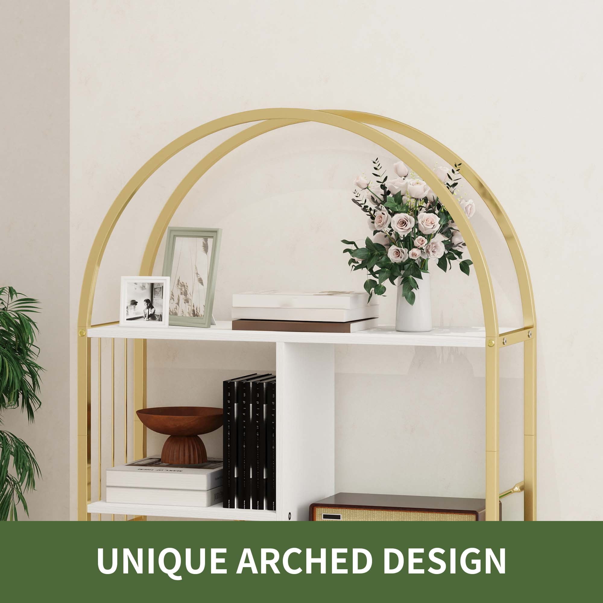 Uforic 5 Tier Gold Arched Bookshelf, Modern Bookcase Organizer with Metal Frame for Home Office
