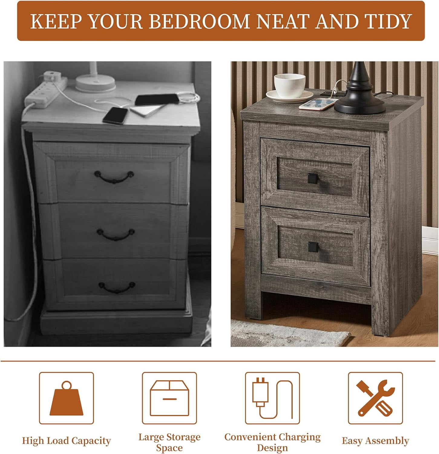 Merluxy Nightstand Set of 2 with Charging Station, Farmhouse Wood Bedside Table Rustic Grey