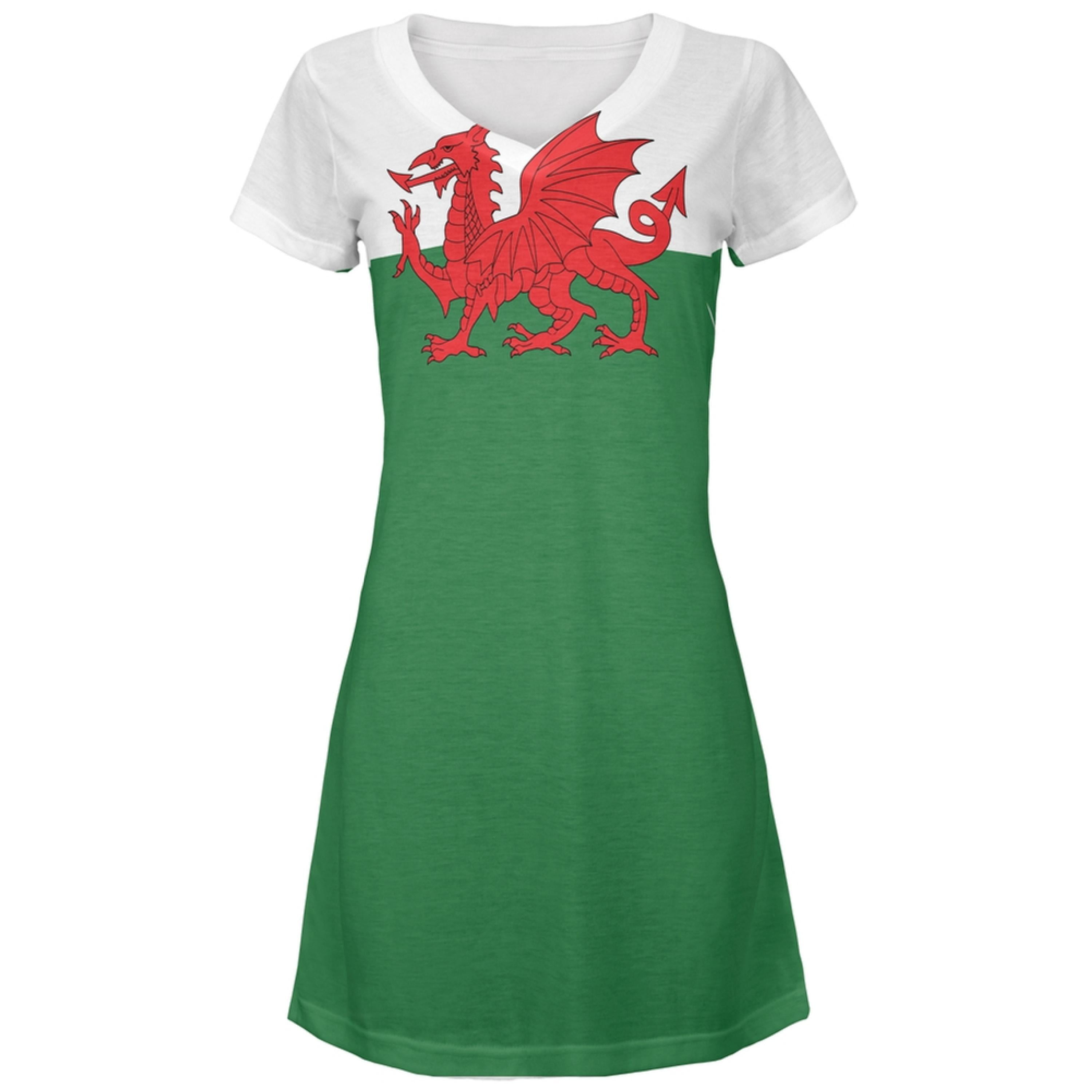 Welsh Flag All Over Juniors V-Neck Dress