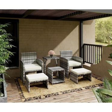 6 Piece Patio Furniture Conversation Set with Ottoman, Outdoor Black&Grey Wicker Chair and Table Set with Beige Cushion, Balcony Furniture for Apartments. (Black)