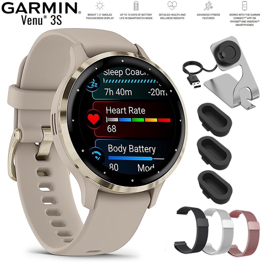 Garmin Venu 3S Health Fitness GPS Smartwatch Gold Steel Bezel with French Gray Case 41mm 010-02785-02 Bundle with Deco Essentials 18mm Metal Bands 3 Pack, Charging Dock and Silicone Dust Cover 3 Pack