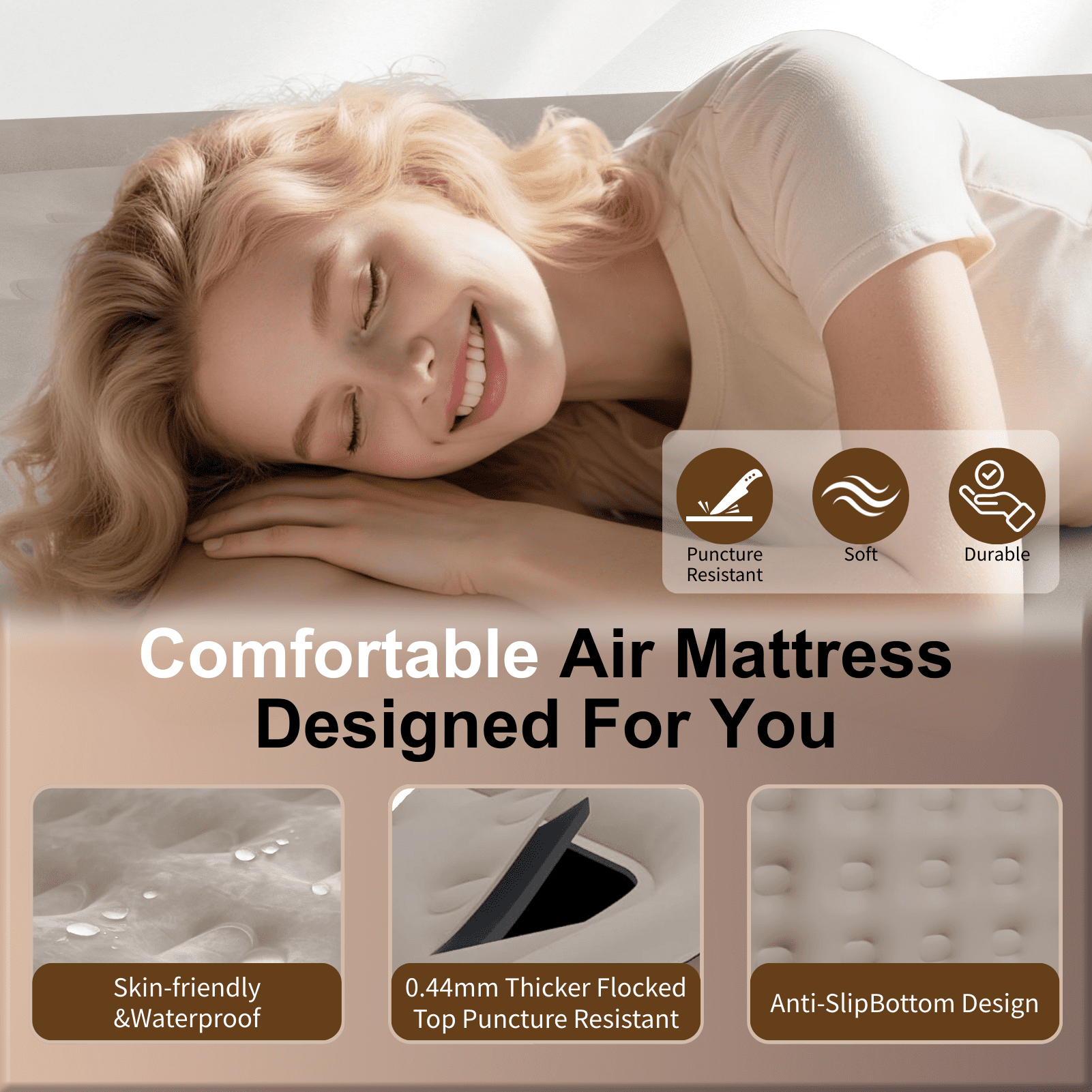 Full Air Mattress with Built-in Pump - 18" Extra Thick Inflatable Bed for Camping & Home,Khaki,3-Min Self Inflating with Carrying Bag.