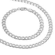 6.5mm Solid .925 Sterling Silver Cuban Link Chain Necklace + Bracelet Set, 18" (Necklace) + 10" (Bracelet) + Gift Box