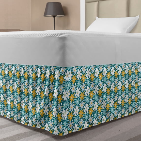 Spring Bed Skirt, Gardening Petals Daisy Flowers Field Chamomile Bouquets Blossoms Motif, Elastic Bedskirt Dust Ruffle Wrap Around for Bedding Decor, 4 Sizes, Teal Pale Blue Orange, by Ambesonne