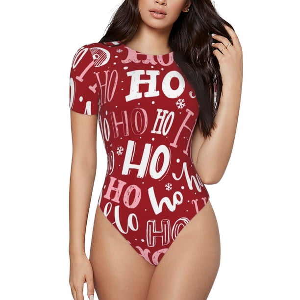 Balery Ho Pattern Funny Christmas Body de cuello redondo de manga corta para mujer Tops de manga corta Tops básicos-Large