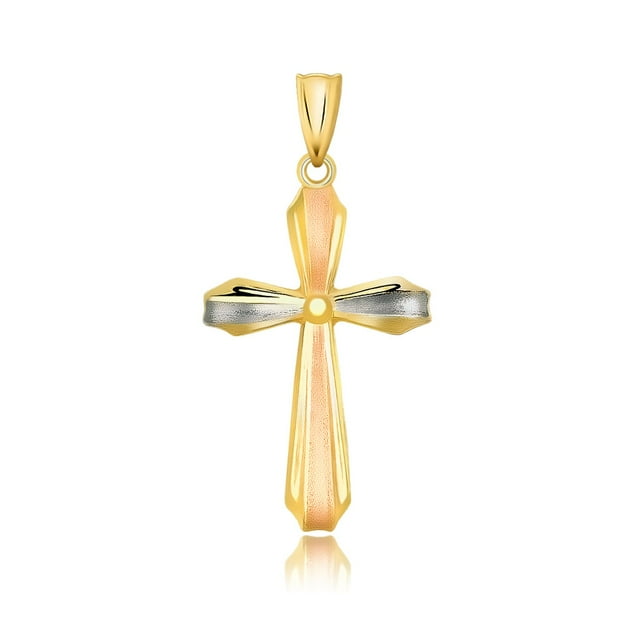 Pendentif Motif Croix Dorée Tricolore 14k avec Finition Texturée