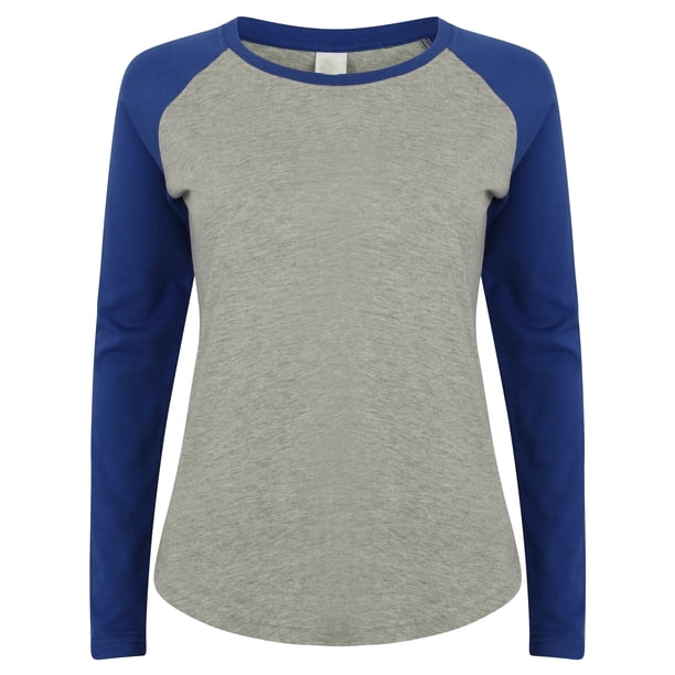 Skinnifit - Camiseta de manga larga estilo béisbol para mujer (Gris/azul)