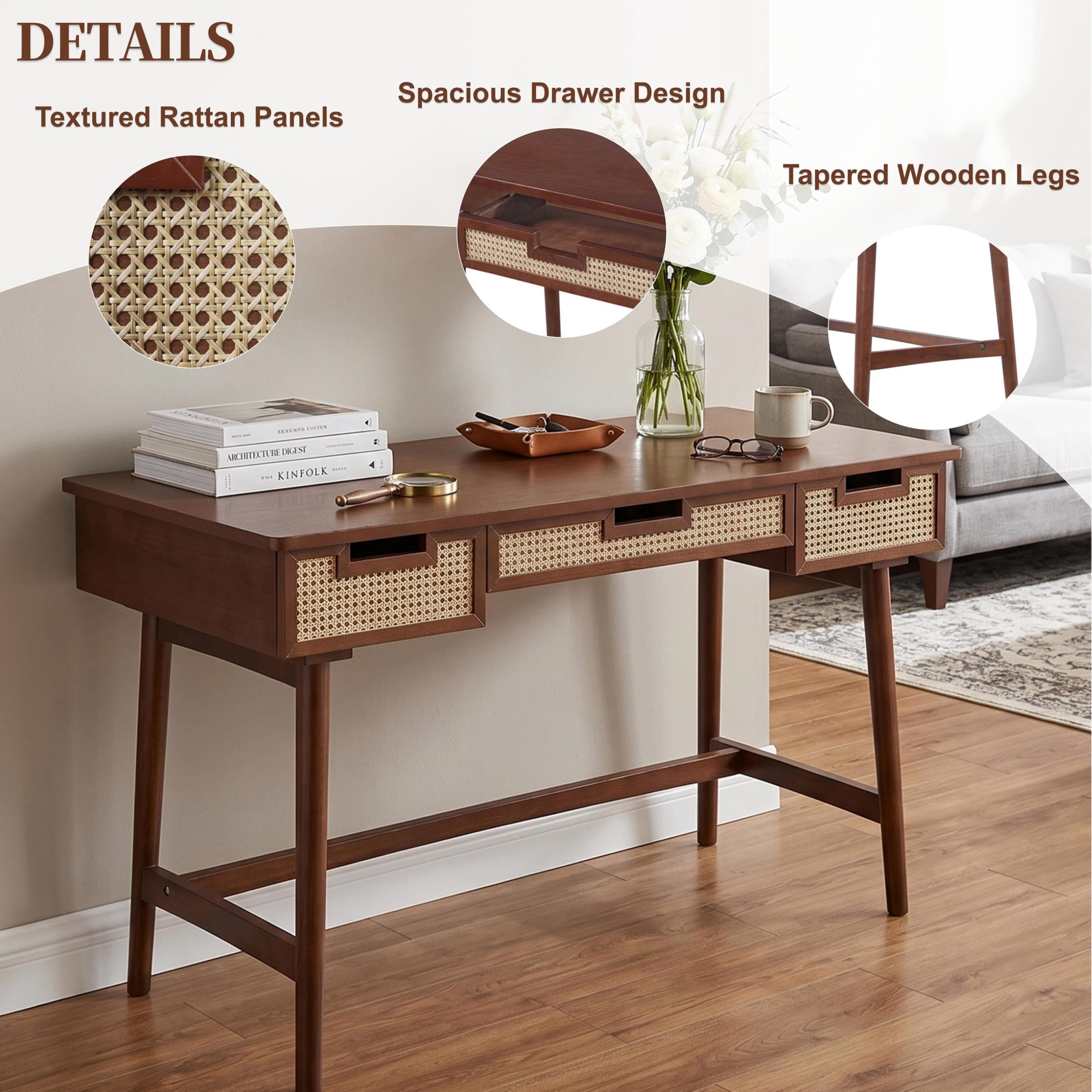 Christopher Knight Home 51" Writing Desk with 3 Rattan Drawers, Wood Vanity Workstation, Brown