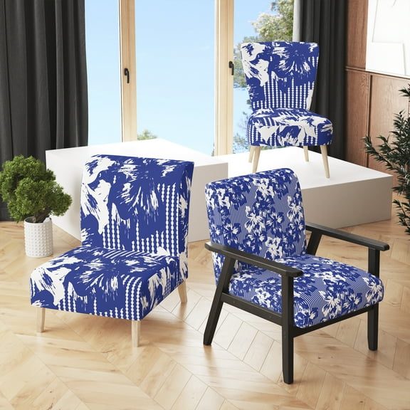 Designart "Blue and White Floral Striped" Upholstered Patterned Accent Chair and Arm Chair