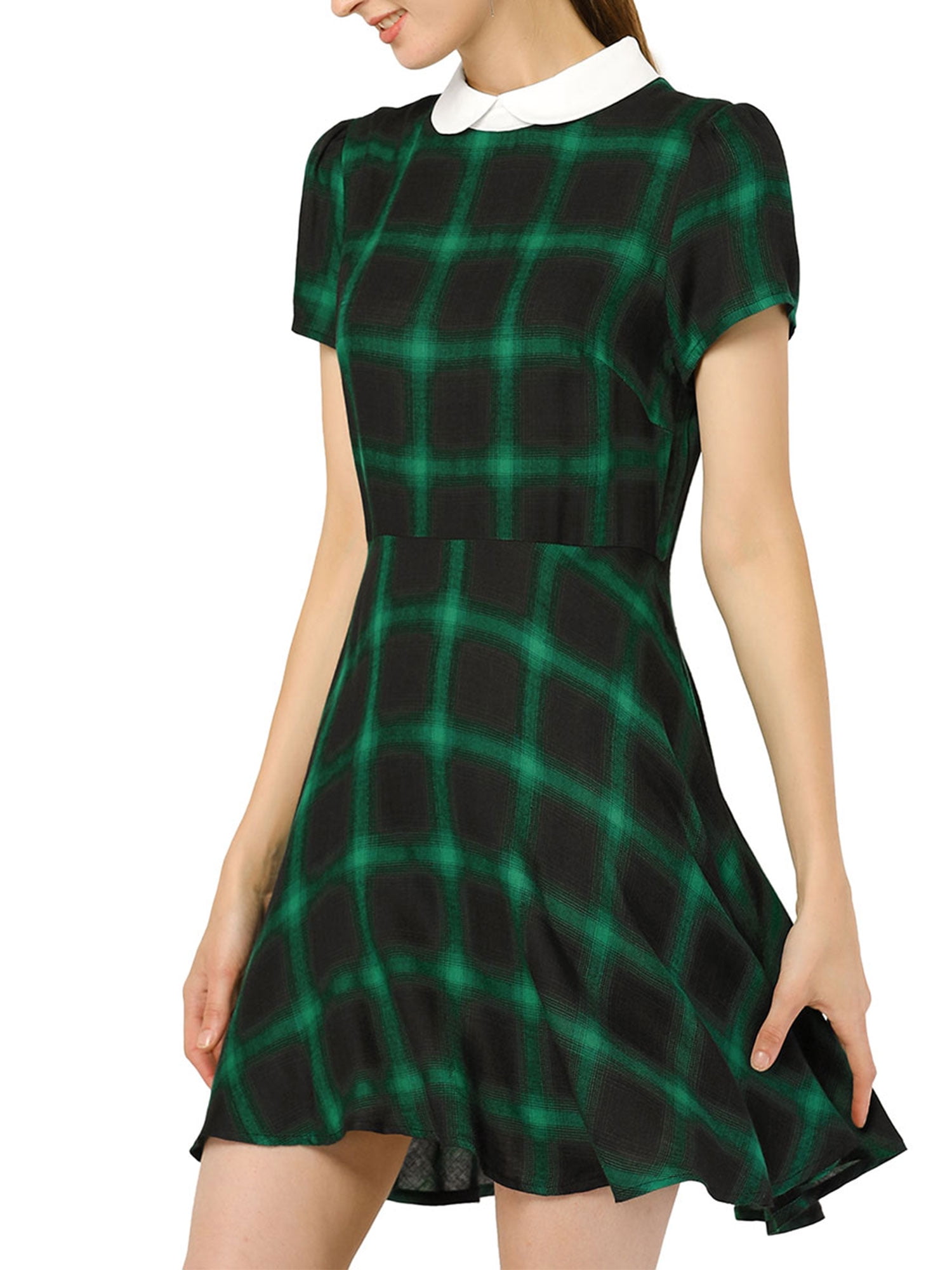 Allegra K Women's Plaids Peter Pan Collar Puff Sleeves Flare Dress Green M