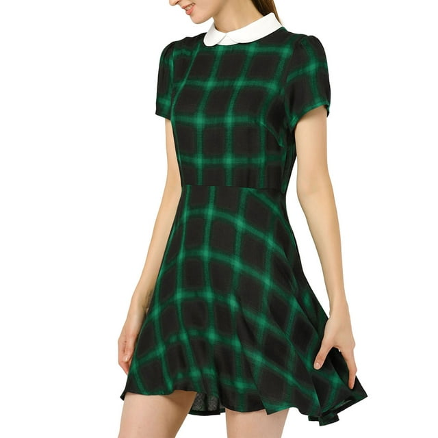 INSPIRE CHIC Vestido de Cuello Peter Pan con Mangas Abullonadas por Encima de la Rodilla en Cuadrícula Verde XS