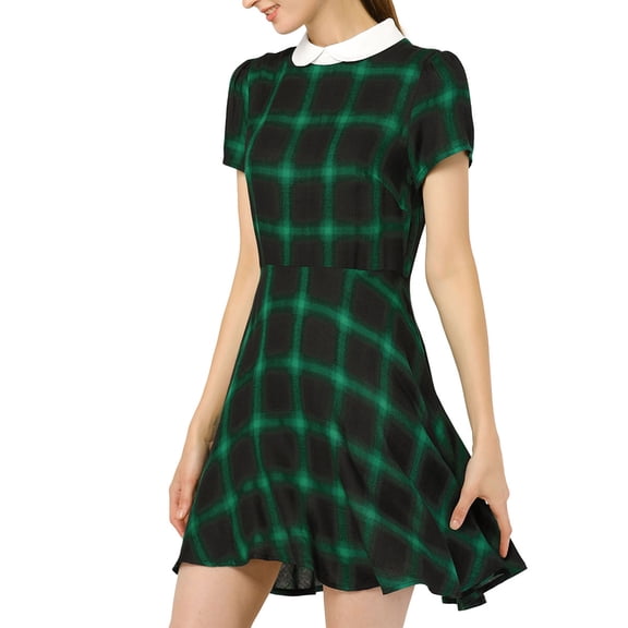 INSPIRE CHIC Women's Peter Pan Collar Puff Sleeves Above Knee Plaid Grid Dress S Green