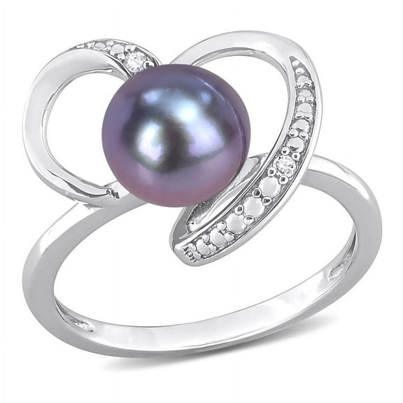 AMOUR 8-8.5mm Black Freshwater Cultured Pearl and Diamond Accent Heart Ring In Sterling Silver