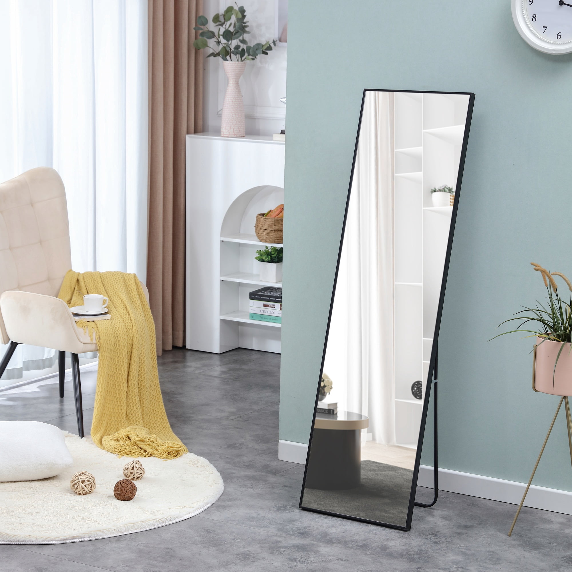 Full-Length Mirror, Dressing Mirror with Solid Wood Frame, Floor Mirror for Living Room, Bedroom, 58"×15", Black