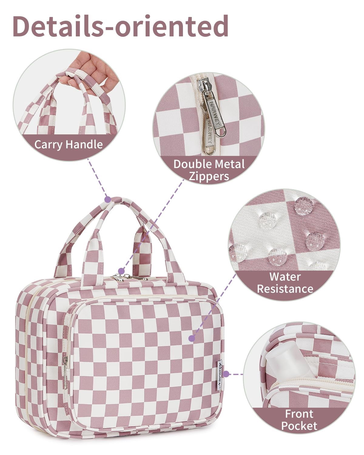 Checkerboard Hanging Travel Toiletry Bag with Hook, Makeup Bags for Women Cosmetic Organizer Toiletries for Brush Shampoo Travel Essentials, Pink