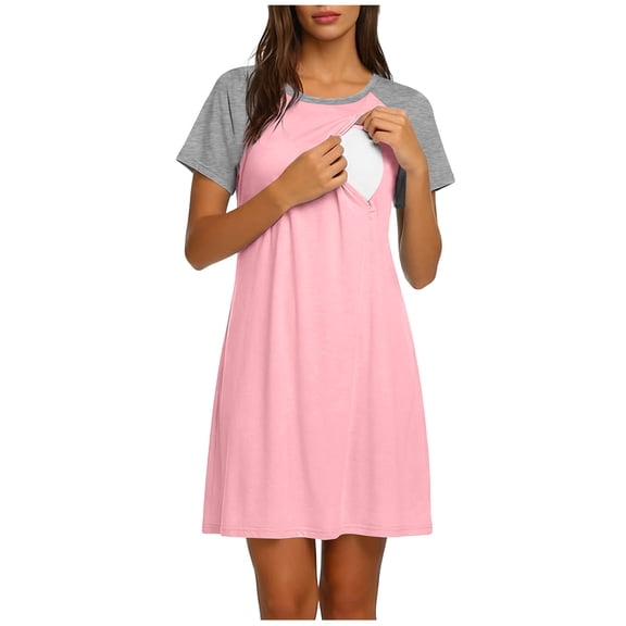 fheaev Nursing Breastfeeding Dresses for Women Maternity Crew Neck Casual Knee Length Pregnancy Clothes Pink XL