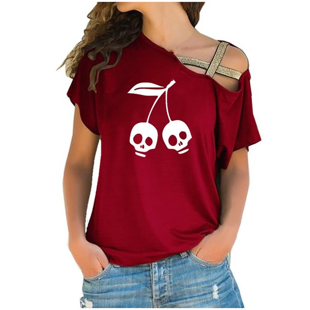 Tops de Halloween de manga corta con estampado de esqueleto para mujer Fridja gope5066