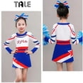 thumbnail image 2 of Long Sleeves Blue Girl Cheerleading Costume Uniform Kids Women Cheerleader Dance Outfit Round Neckline Patchwork Style Pompoms, 2 of 3