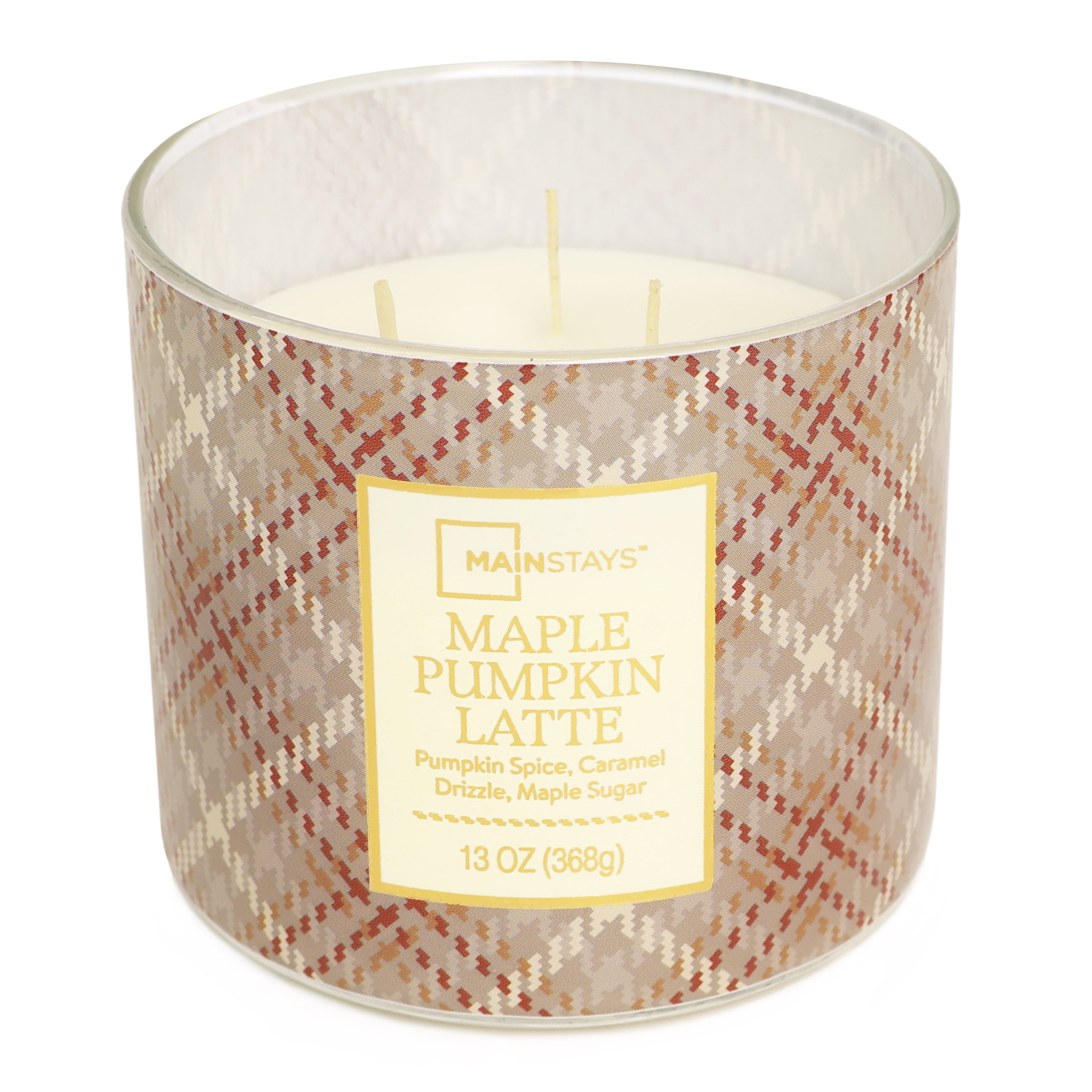 Mainstays 3-Wick Maple Pumpkin Latte Orange Plaid Design, 13-Ounce