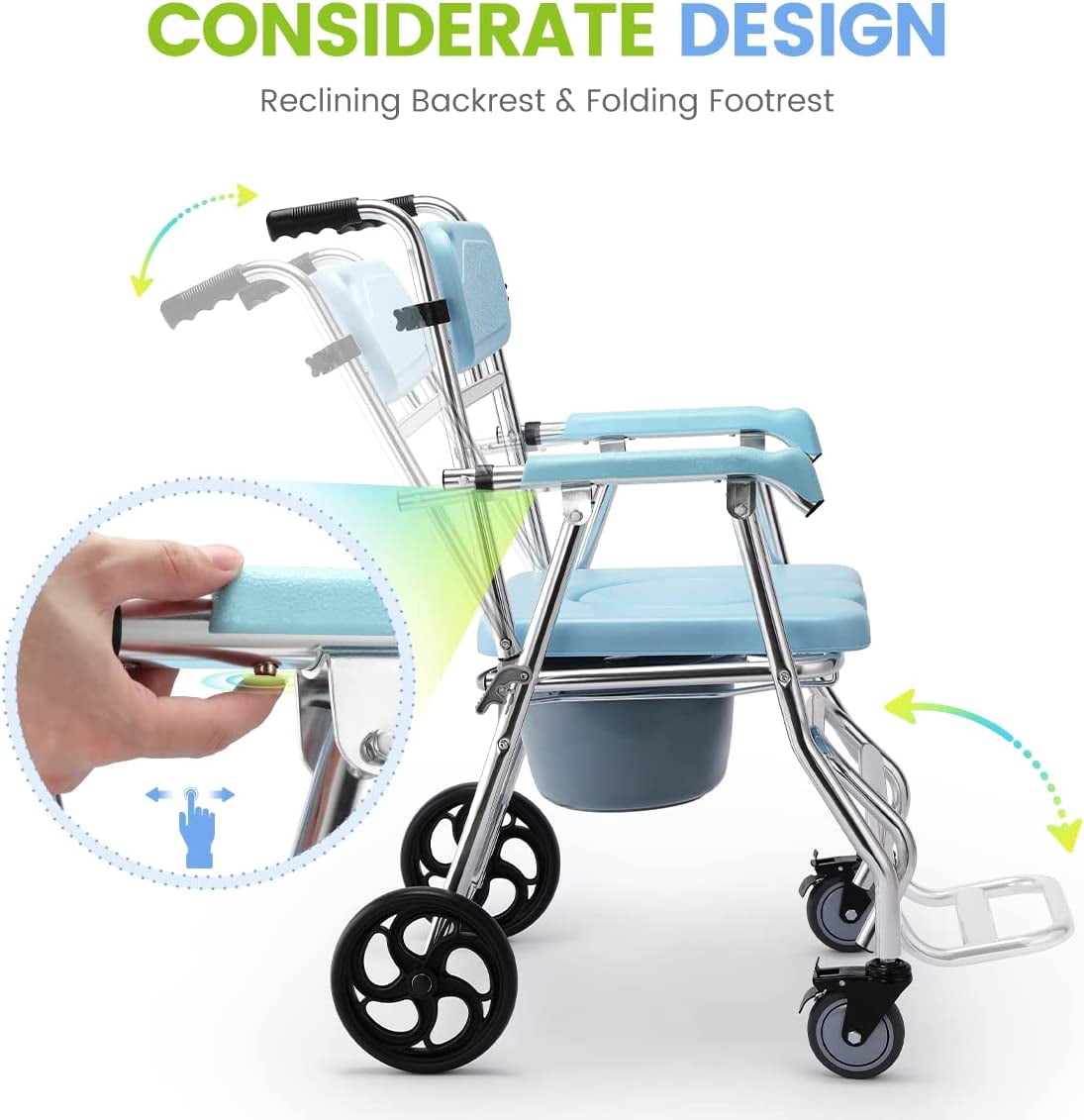 OasisSpace Folding Shower Commode Wheelchair - 300lbs Bedside Commode with Padded Seat, Waterproof Rolling Shower Chair with Arms and Backrest, Shower Chair with Wheels (FSA or HSA Eligible)