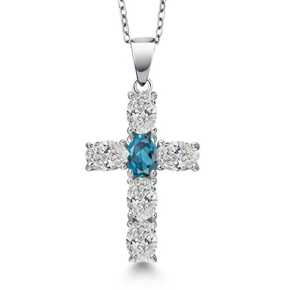 Gem Stone King 925 Sterling Silver Lab Grown Diamond and London Blue Topaz Cross Pendant Necklace for Women | 2.60 Cttw | Gemstone April Birthstone | Oval 6X4MM | With 18 inch Chain