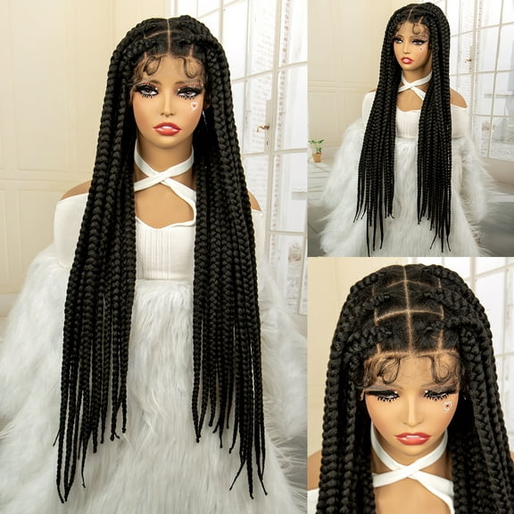 Synthetic Big Knotless Box Braided Wig Full Lace Braid Wig for Women HD Lace Frontal Cornrow Braided Wigs with Baby Hair 32 Inch Knotless Wigs (1B Color)