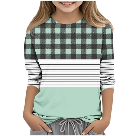 Efsteb 3-14 Summer Shirts for Girls 3/4 Sleeve Tops Casual Round Neck Tunic Shirt Fashion Loose Tops (Green 5 Years)