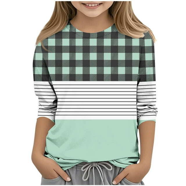 Floleo Chemise à Carreaux Rayée à Manches 3/4 pour Garçons et Filles – Chandail Léger à Col Rond pour le Printemps et l'Automne, Imprimé Décontracté, Superposition (Vert, 7 Ans)
