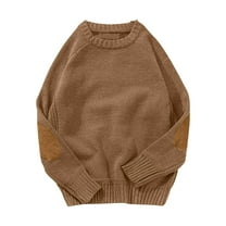 TFEOQRY Men's Vintage Crewneck Sweater Long Sleeve Elbow Patches Pullover Knitted Winter Loose Warm Tops Brown