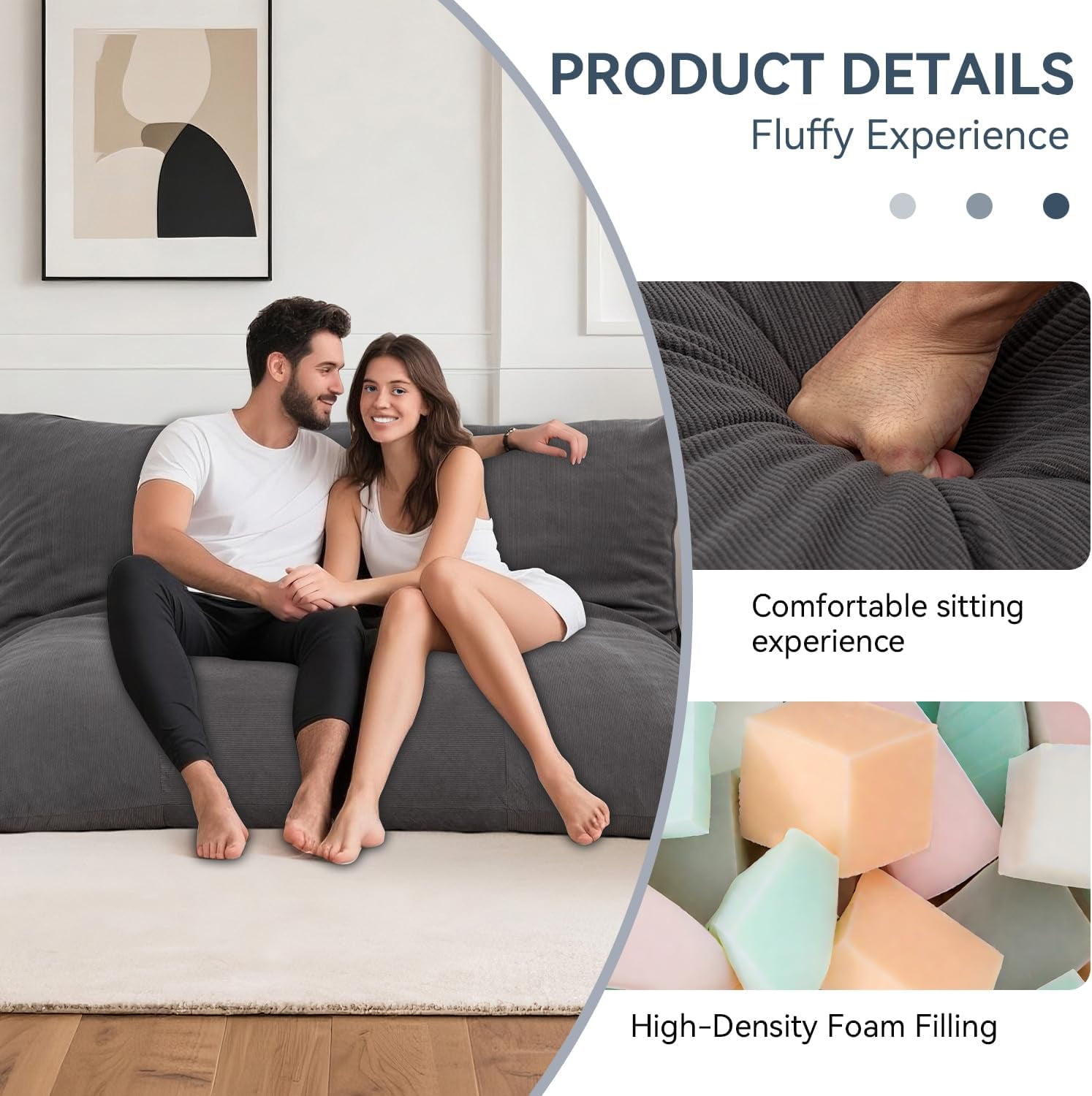 LEHZROAJ 3 in 1 Corduroy Bean Bag Chair with Pillow, Cozy Folding Sofa Bed for Adults Memory Foam Filled No Assembly for Living Room Bedroom,Gray