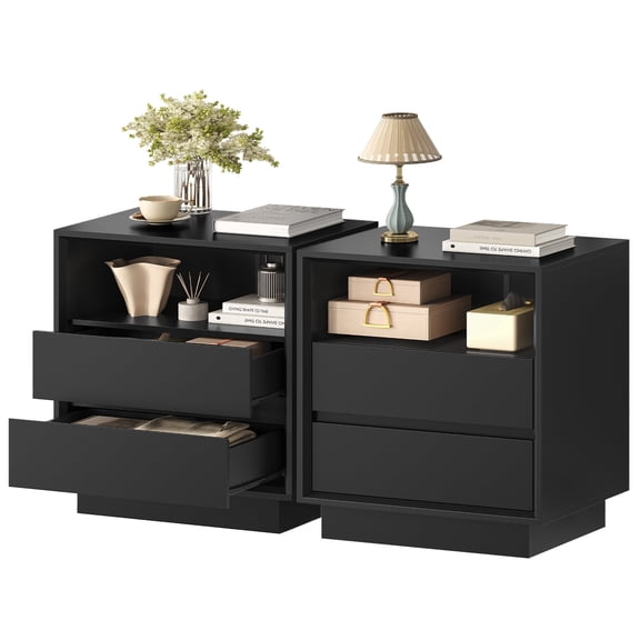 TEENFON Nightstands (Set of 2), 2-Drawer Bedside End Table for Bedroom, Black