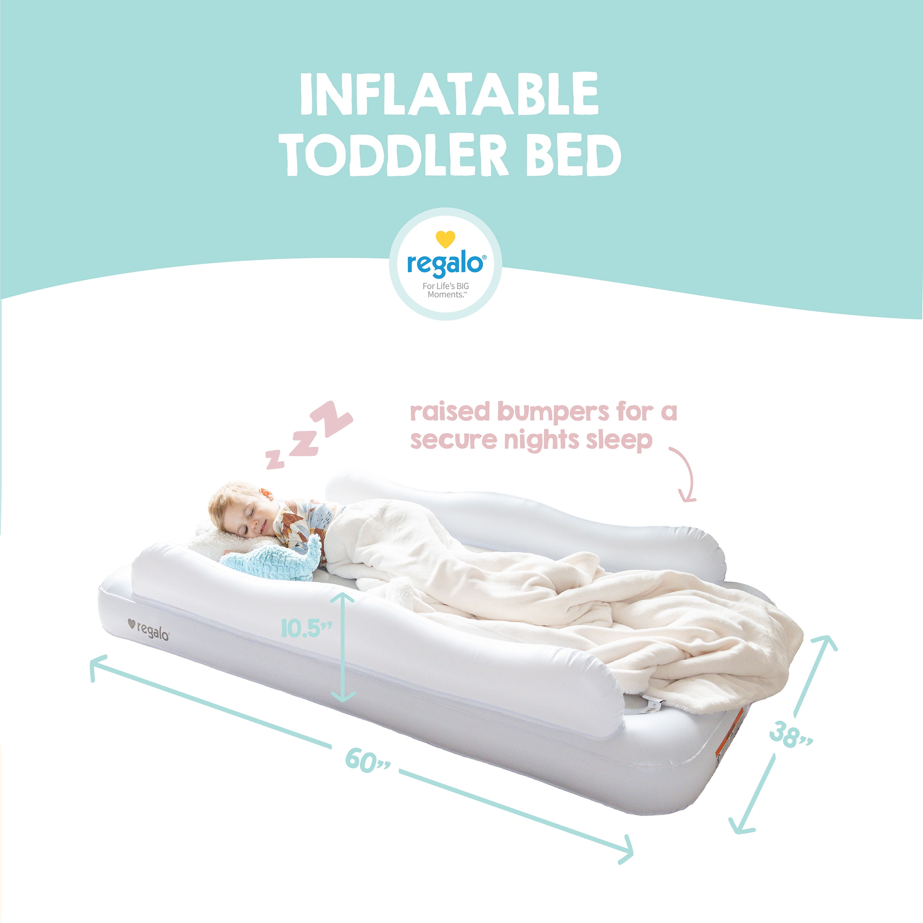 Regalo Inflatable Toddler Travel Bed with Safety Rails, Air Pump & Carry Bag, White