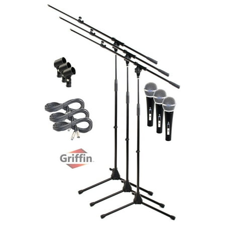 Telescoping Microphone Boom Stand (3 Pack) by Griffin Professional Cardioid Dynamic Vocal Microphones with Clip Singing Microphone for Music Stage Performances & Studio Recording XLR Mic Cable (Best Dynamic Mic For Vocal Recording)