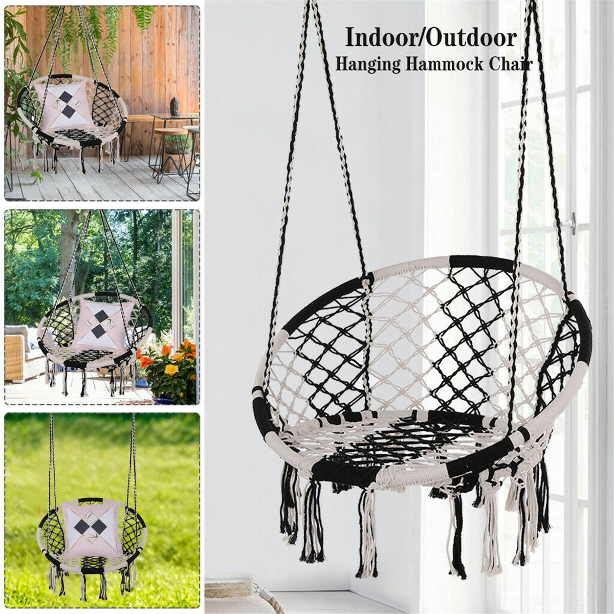 Hanging Hammock Chair Mesh Woven Rope Macrame Bar Chair Swing for Indoor/ Outdoor/ Home/ Bedroom/ Patio/ Yard/ Deck/ Garden Chair Seat, Home Decor Christmas Gifts Festival Gift - image 4 of 7