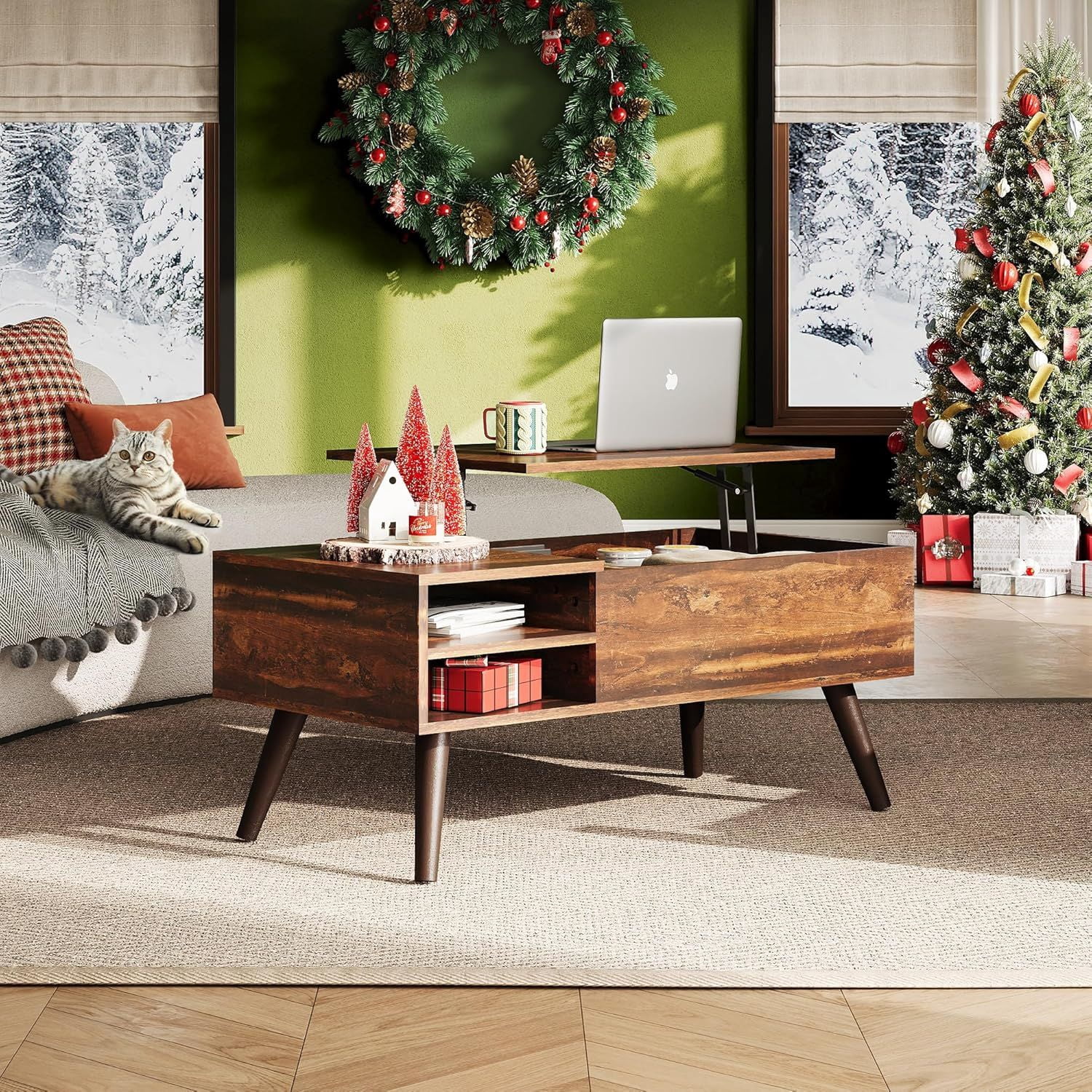 Lift Top Coffee Table with Hidden Storage Compartment Side Shelves, Modern Lift Tabletop Dining Desk with Steel Frame, Farmhouse Center Table for Living Room Home Office