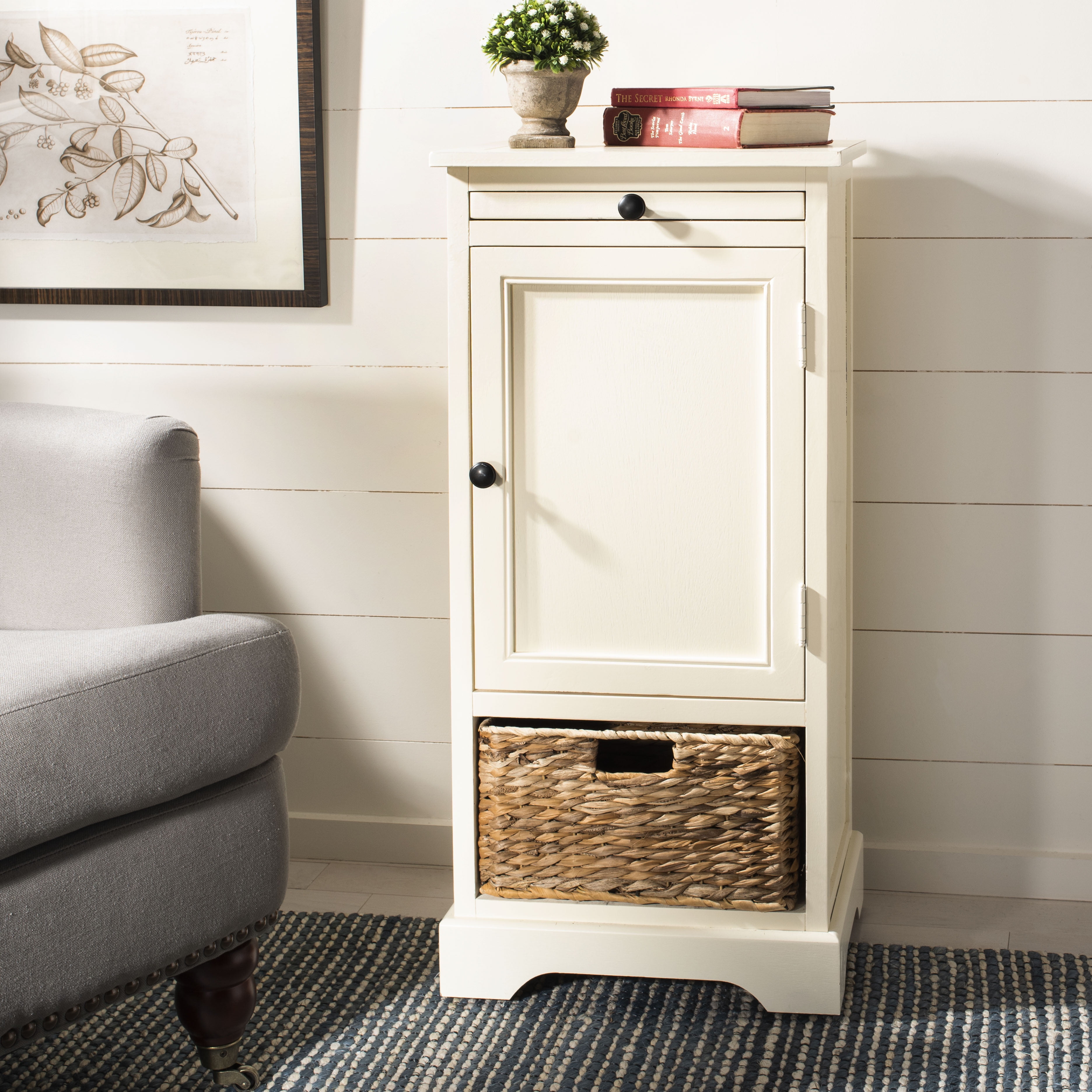 SAFAVIEH Raven Solid Tall Storage Unit with Pullout Table and Basket, Distressed Cream