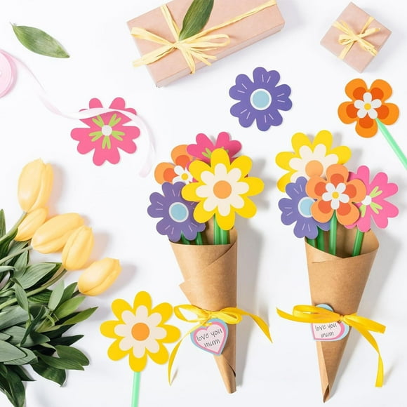 Flower Bouquet Craft Kit - DELESYS 24Pcs Teacher Appreciation Week Flower Bouquet Craft for Kids Make Your Own Flower Bouquet Mother's Day DIY Thankful Gift Craft School Classroom Home Fun Activities