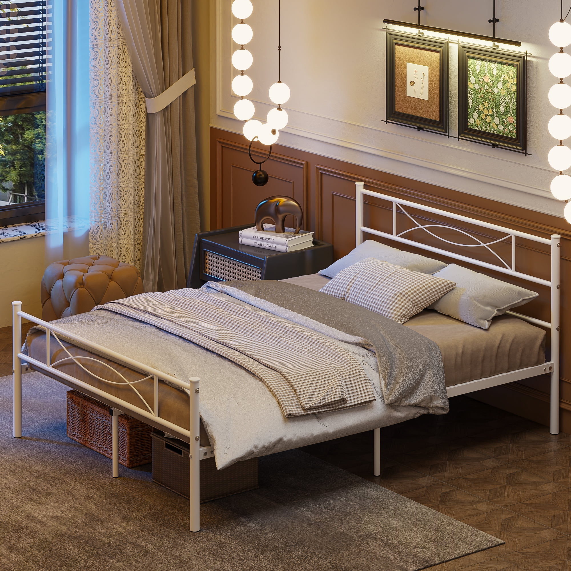 Yoneston Queen Size Metal Bed Frame with Headboard and Footboard Heavy Duty Bed for Bedroom, White