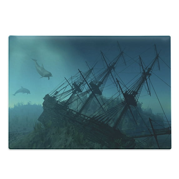 Nautical Cutting Board, Dolphins Ruined Wreckage Underwater Sunken Ship Mystery Treasure, Decorative Tempered Glass Cutting and Serving Board, Large Size, Slate Blue Pale Blue, by Ambesonne