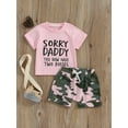 thumbnail image 2 of Suealasg Little Girl Summer 2Pcs Outfits Set 1T 2T 3T 4T 5T 6T Kids Girl Short Sleeve Letter Print Tops + Camouflage Print Shorts Beach Party Clothes for Children Girls, 2 of 9