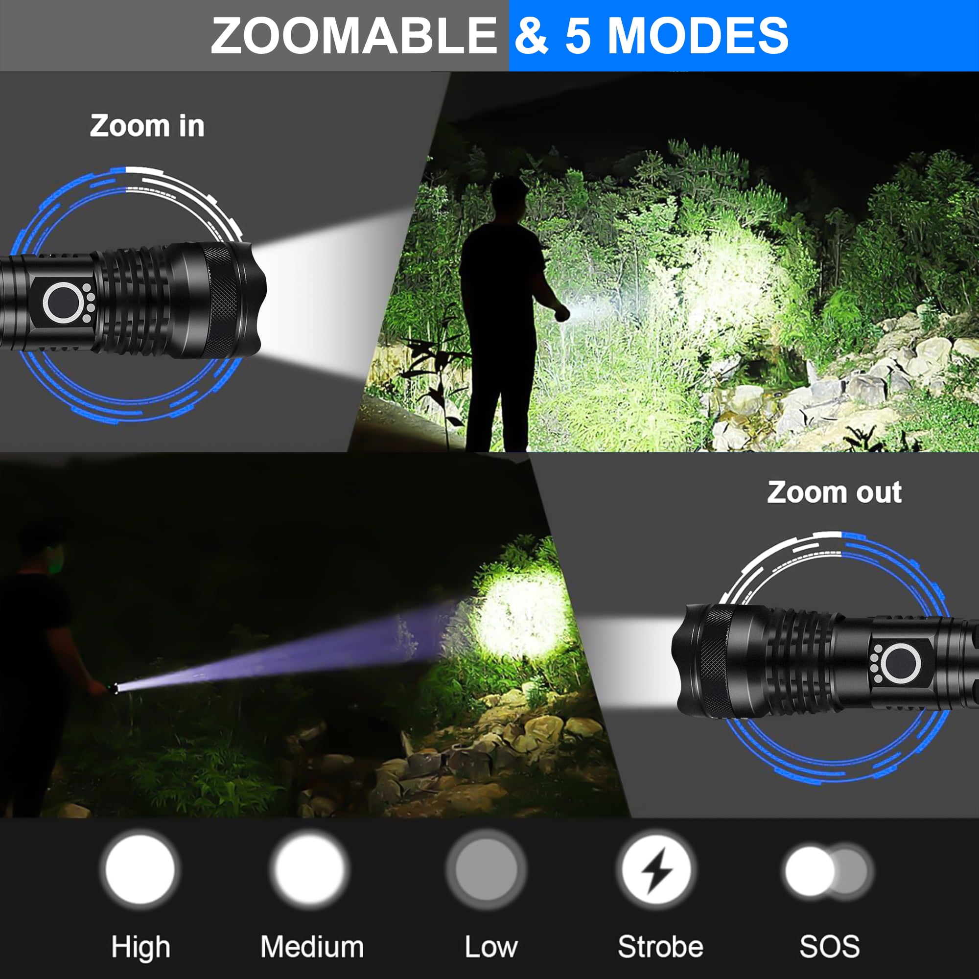 High Lumens Bright Flashlight, USB Rechargeable & Waterproof, 5 Modes Tactical Flashlight for Camping Hiking Hunting Emergency (Battery Included)