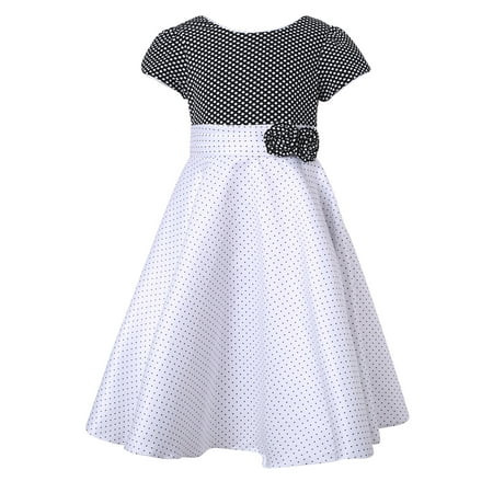 Richie House Girls White Black Pintuck Dotted Bow Polished Dress 11/12