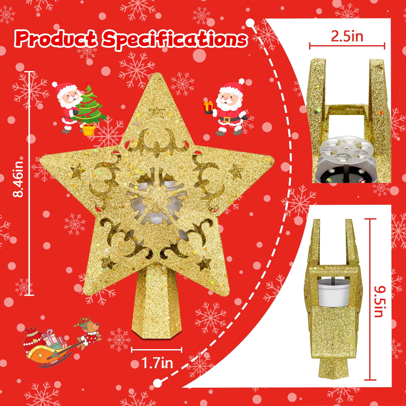 Christmas Star Tree Topper with Built-in Led Projector Lights Hollowed Pentagram Tree Topper, Christmas Decorations Light, Plug in Christmas Tree Ornament for Indoor Office New Year Holiday, Gold