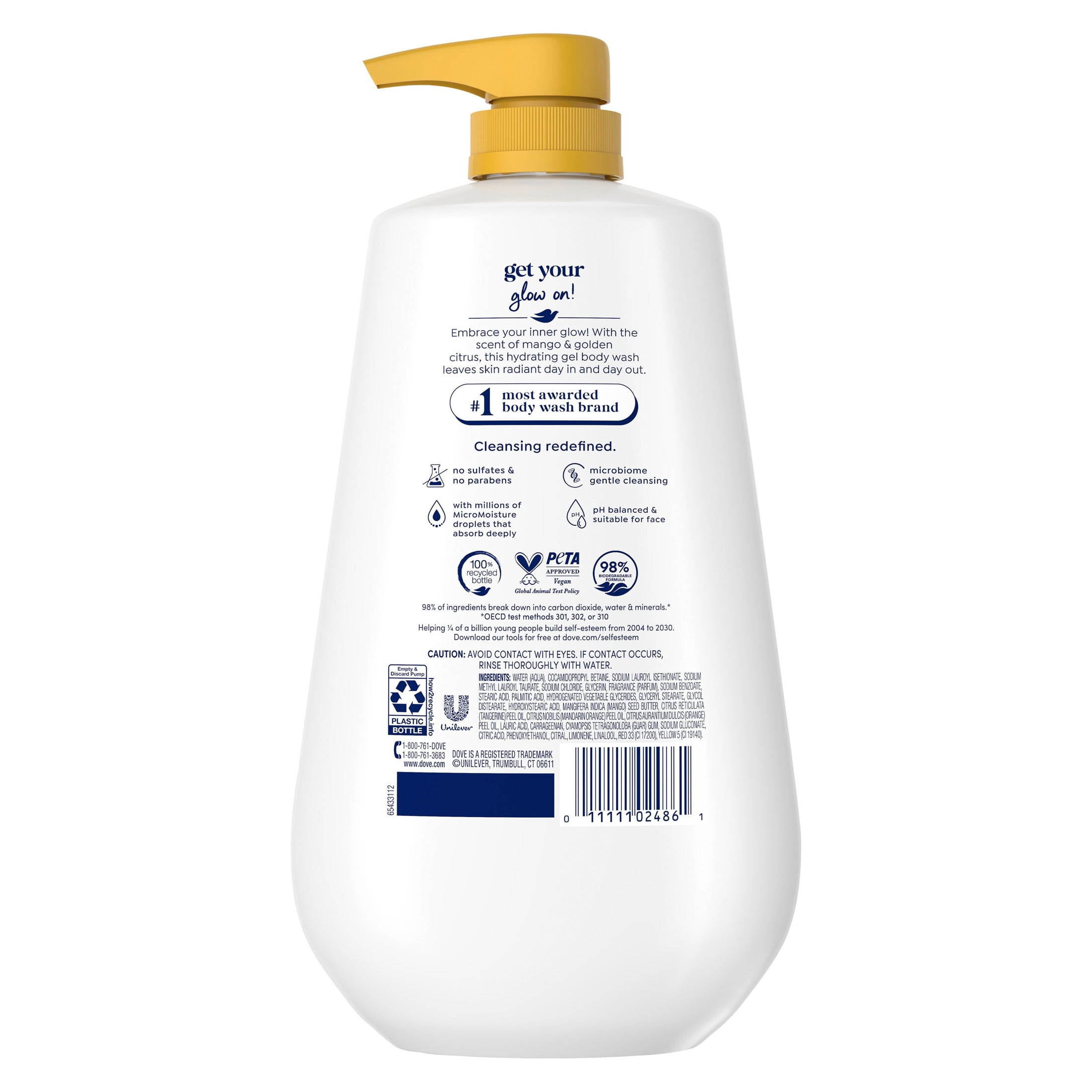 Dove Body Wash With Pump For 24hr Lotion-Soft Skin Glow Mango & Almond Butter Moisturizing Skin Cleanser With No Sulfates No Parabens ,30.6 fl oz