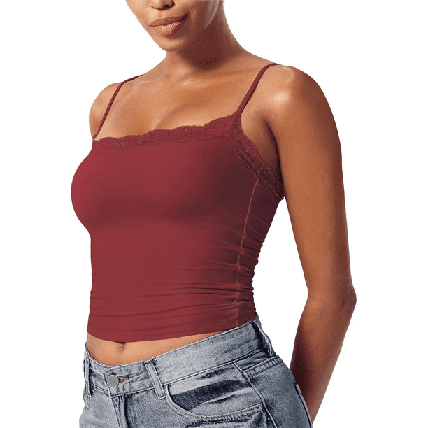 Camisola Básica de Encaje para Mujer, Cuello Cuadrado, Sin Mangas, Tirantes Finos Rojo Ladrillo L
