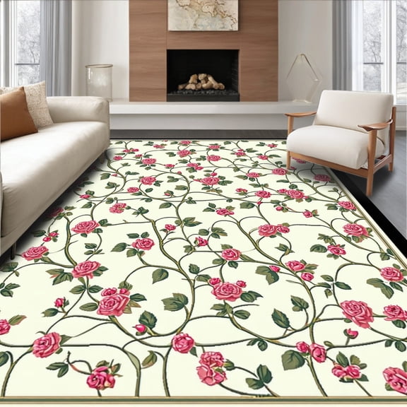 ODIKA 4'x6' Machine Washable Non-Slip Area Rug, Rosy Vine High Traffic Rug, Pink, 233170
